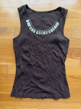 Vintage Y2K Passport Brown Rhinestone Embellished Ribbed Tank Top
